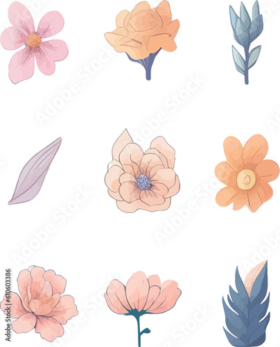 Flower And Leaf Set  Vector Watercolor Flower Design Set