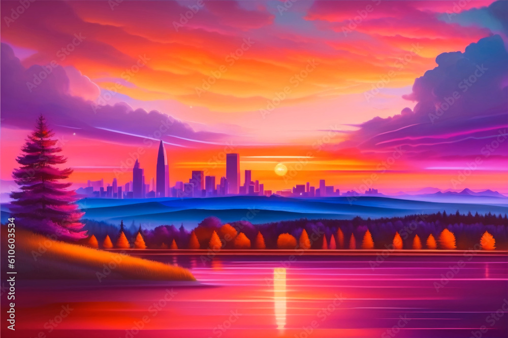 Sunset over the city and the lake in the summer. Banner ilustration.