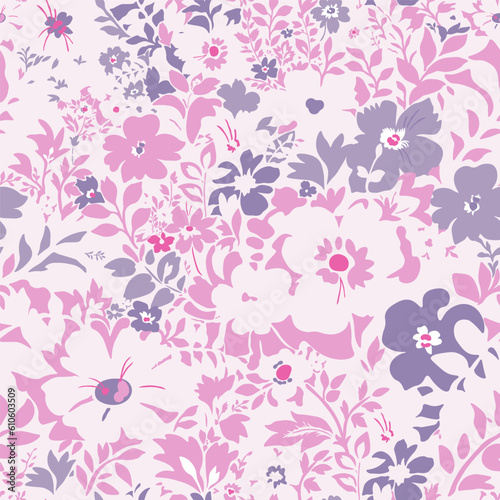 Stylish, delicate, romantic, fashionable pattern with white and purple silhouettes of plants on a pink background. Seamless vector with a variety of flowers and leaves.