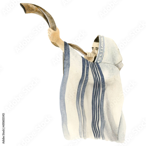 Shofar blowing by Jewish man in talit on Yom Kippur and Rosh Hashanah holidays watercolor illustration isolated on white background. Feast of Trumpets celebration