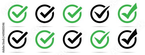 Check mark logo set. Green and Black check mark icons. Tick approved symbol. Vector Illustration