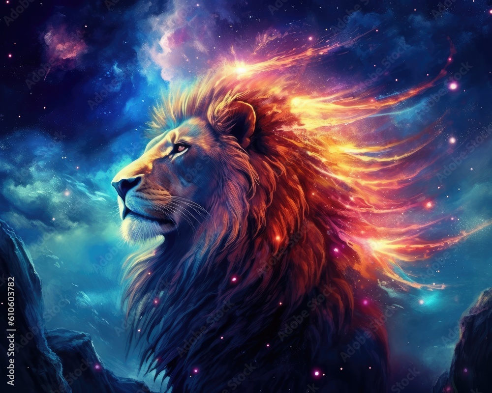 Lion predator animals wildlife painting. Lion is the king of animals. The constellation of Leo is a sign of the leaders. A strong spirit, strong body, strong will. Fantasy art of a lion 