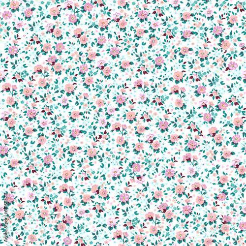 Floral pattern. Beautiful pink and purple flowers on a white background. Seamless vector texture. Spring bouquet.