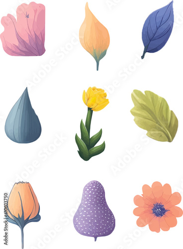 Flower And Leaf Set, Vector Watercolor Flower Design Set