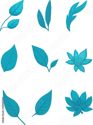 Blue Flower And leaf Set, Vector Watercolor Flower Design Set