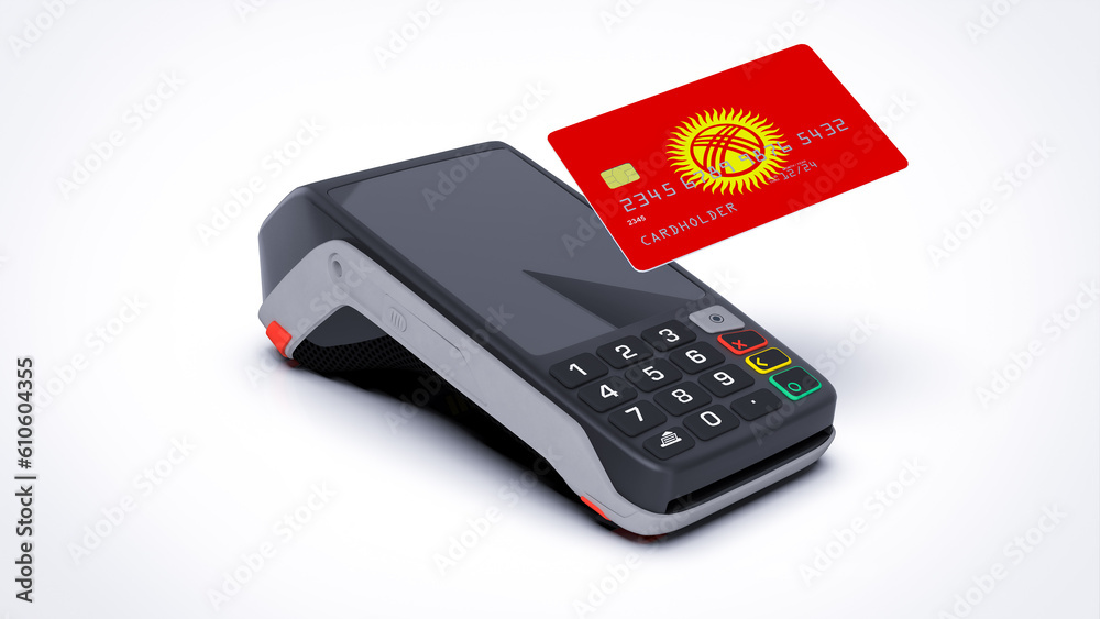 Kyrgyzstan country national flag on credit bank card with POS point of sale terminal payment isolated on white background with empty space 3d rendering image realistic mockup Kyrgyzstan country national flag on credit bank card with POS point of sale terminal payment isolated on white background with empty space 3d rendering image realistic mockup