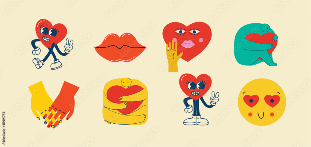 Groovy hippie love sticker set. Retro happy Valentines day. Comic happy heart character in trendy retro 60s 70s cartoon style. Retro characters and elements.
