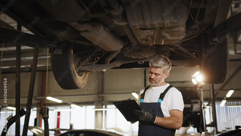 Car diagnostics. Auto service. Skillful professional middle age master performs maintenance, oil change, computer diagnostics, replacement of auto parts, repair of brake system. Auto mechanic. Car diagnostics. Auto service. Skillful professional middle age master performs maintenance, oil change, computer diagnostics, replacement of auto parts, repair of brake system. Auto mechanic.