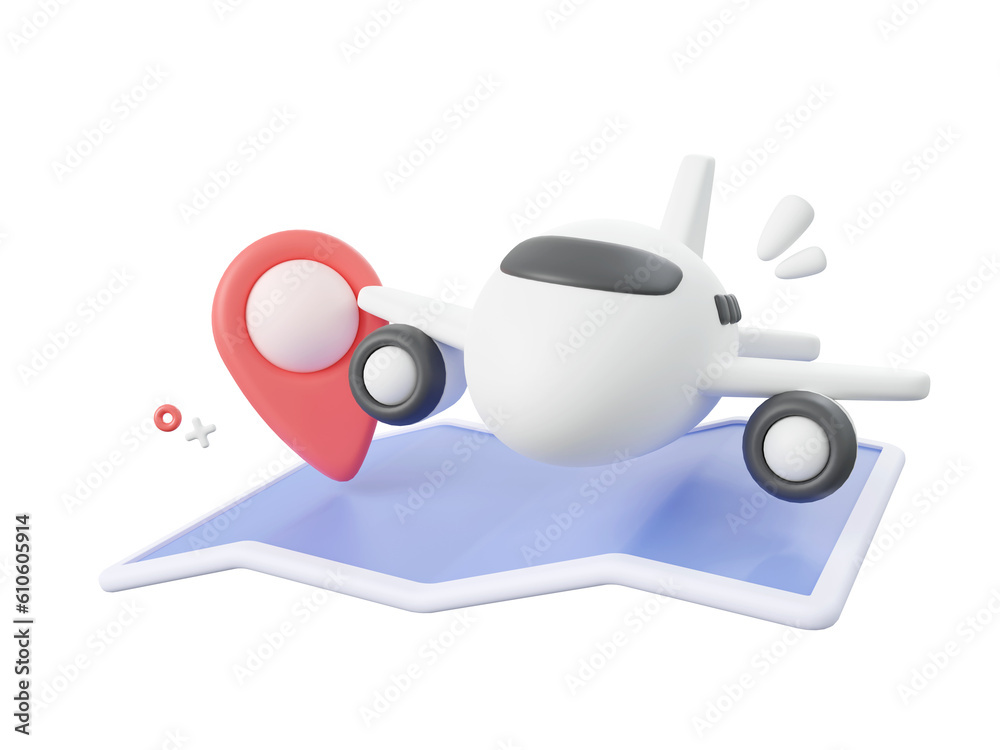 3d cartoon design illustration of Airplane with pins on map. 3d cartoon design illustration of Airplane with pins on map.
