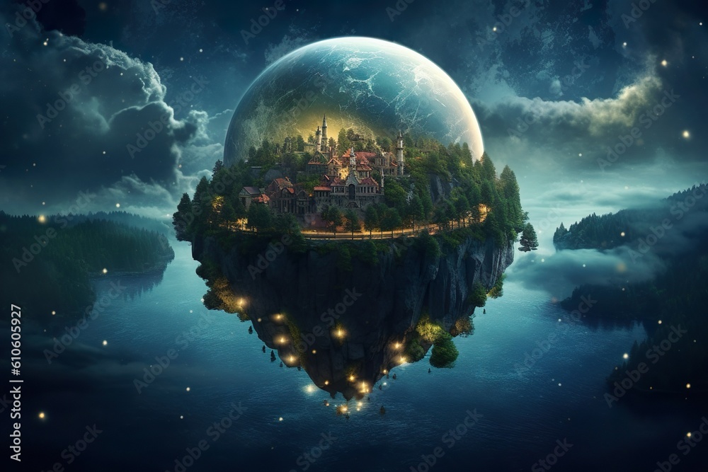 Fantasy fairytale sphere island floating in universe of night sky. superlative