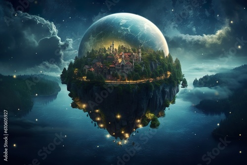 Fantasy fairytale sphere island floating in universe of night sky. superlative
