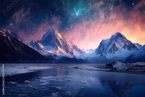 The big space visible in the most beautiful nature with snowy mountains   Generative AI  © Kay