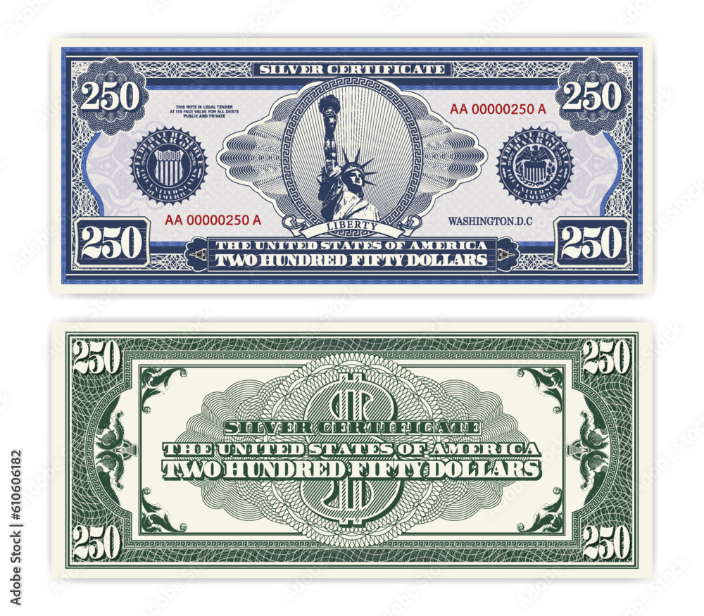 Vector blue banknote obverse and green reverse silver certificate of 250 US dollars. Oval, liberty and guilloche frame. American paper fictional money.