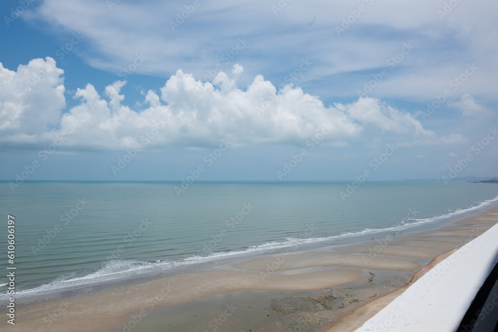 Nature landscape or seascape top view of beautiful tropical beach and sea in sunny day. Beach sea space area. Concept of relaxation, sunshine, sunlight and scenery. Blue sky, sea and sand wallpaper.