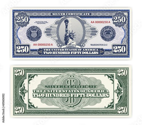 Vector blue banknote obverse and green reverse silver certificate of 250 US dollars. Oval, liberty and guilloche frame. American paper fictional money.