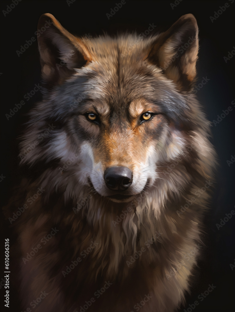 gray wolf portrait, created with Generative Ai technology.	