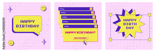 y2k happy birthday card set, trendy 2000s 1990s style, retro, vector illustration