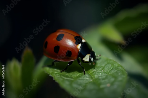 Ladybug on green leaf in garden, View with copy space