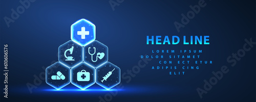 Healthcare system. Abstract pyramid of hexagons with medical icons and cross on top.