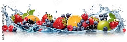 Wasser Splash mit frischen Äpfeln, Orangscheibene, Erdbeeren, Blaubeeren, Brombeeren und Himbeeren vor weißem Hintergrund im Panorama-Format. Generative AI