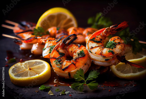 Fotografie Grilled shrimp skewer. Generative AI.