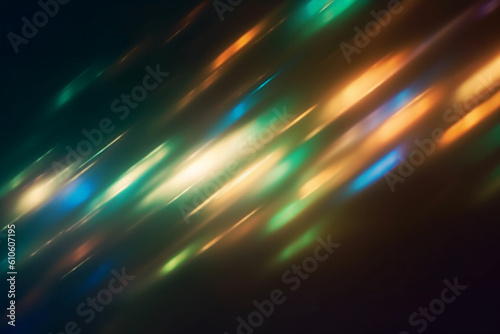 Lens flare overlay, Blur colorful glow, Optical glare leak, Party illumination rays, Defocused orange blue green light flecks on dark night abstract background