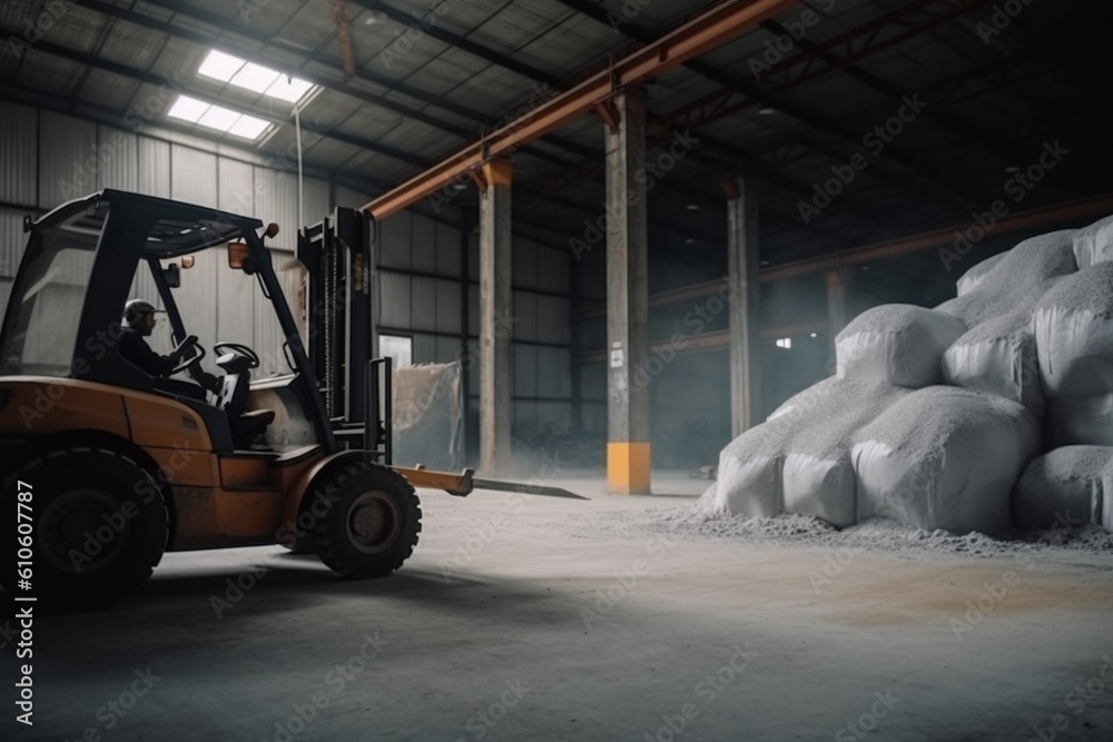 Loader on the background of a huge industrial food warehouse with plastic