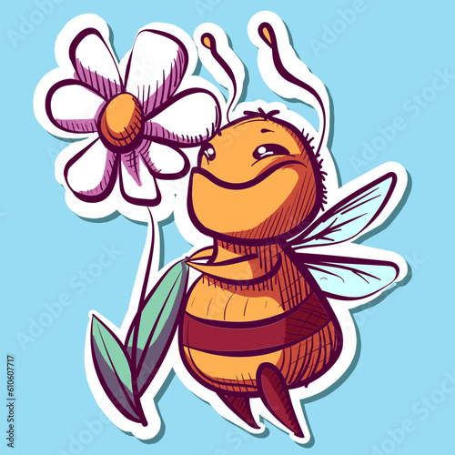Digital art of a bumblebee sniffing a white flower. Vector of a cartoon bee happily smelling a daisy.