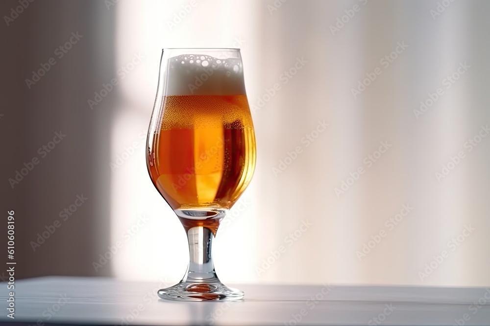 A glass of beer on a light background with selective focus. Generative AI A glass of beer on a light background with selective focus. Generative AI