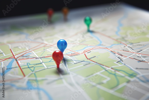 Location marking with a pin on a map with routes photo