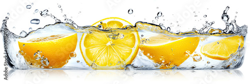 Halbierte Zitronen im Wasser mit  Splash isoliert vor weißem Hintergrund im Panorama Format. Generative AI photo