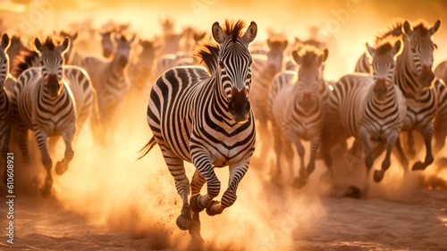 A group of zebras gallops across the African landscape, Generative AI photo