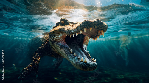 Underwater view of a powerful crocodile with jaws wide open, Generative AI
