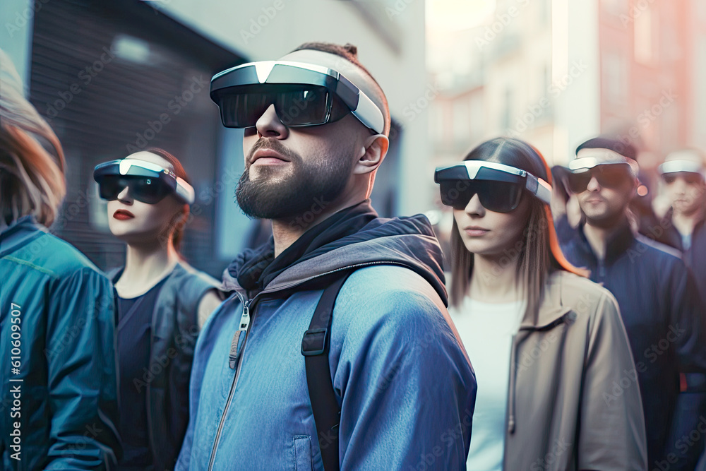 People walking with virtual reality glasses on the street. Crowd of citizens making normal life wearing VR headset in the city. Modern technologies and futuristic life concepts. Generative AI. People walking with virtual reality glasses on the street. Crowd of citizens making normal life wearing VR headset in the city. Modern technologies and futuristic life concepts. Generative AI.