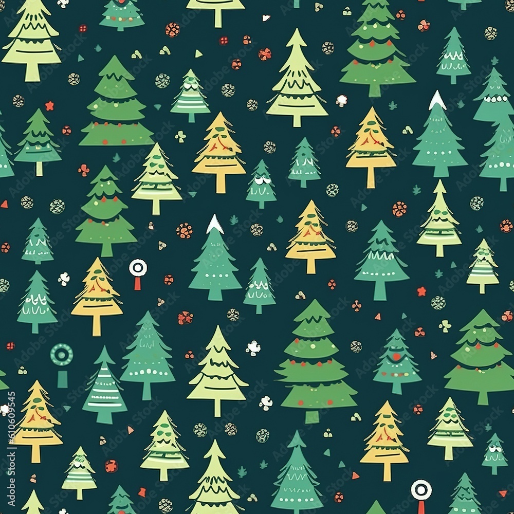 Fototapeta premium Seamless pattern with Christmas trees. illustration art in retro style, created by generative AI