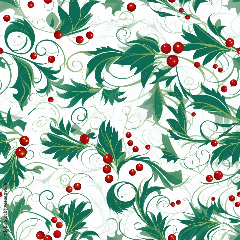 Seamless Christmas pattern with holly berry. illustration art, created by generative AI