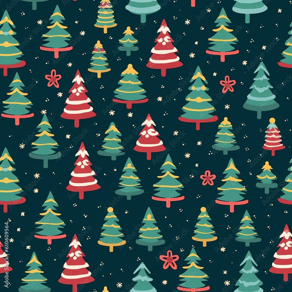 Seamless pattern with Christmas trees. illustration art in retro style, created by generative AI