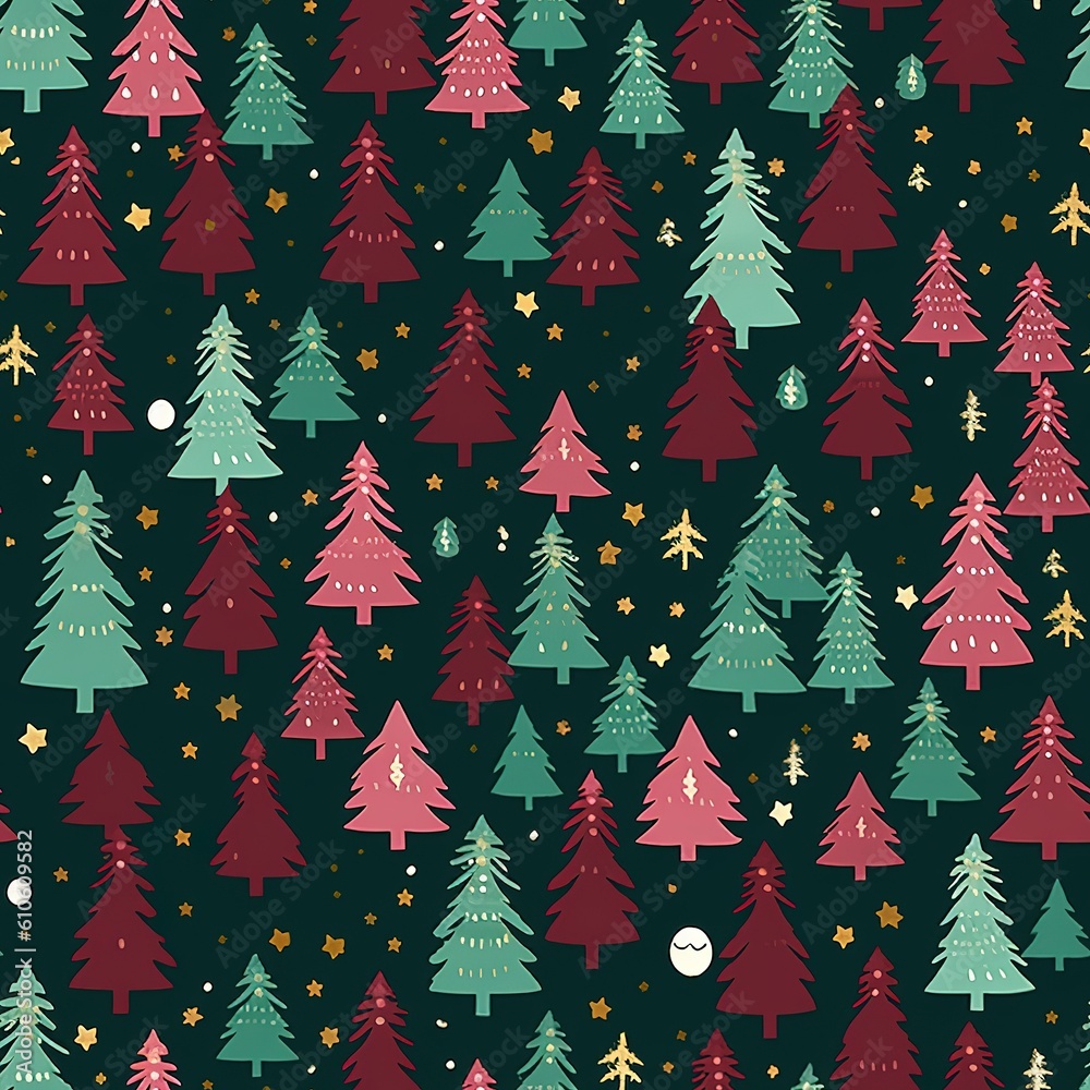 Seamless pattern with Christmas trees. illustration art in retro style, created by generative AI Seamless pattern with Christmas trees. illustration art in retro style, created by generative AI