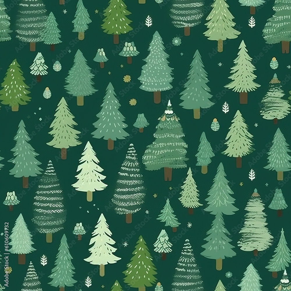 Seamless pattern with Christmas trees. illustration art in retro style, created by generative AI Seamless pattern with Christmas trees. illustration art in retro style, created by generative AI