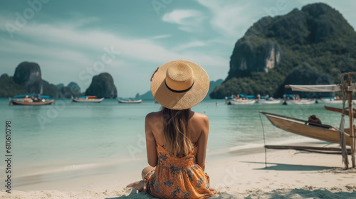A young woman in a straw hat sits on the beach in Thailand