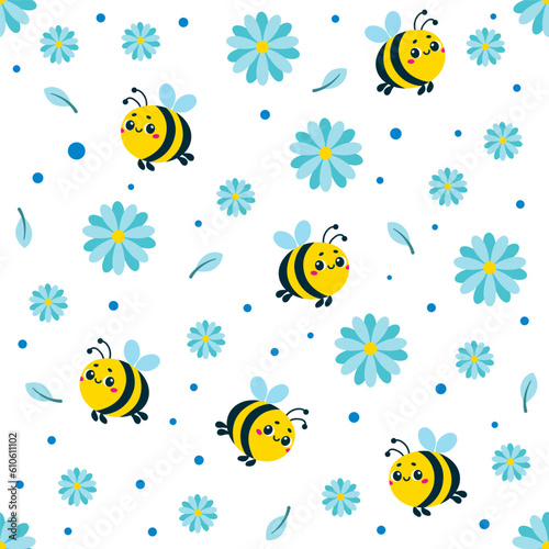 Vector seamless pattern with cute bees and blue flowers on a white background. The season is Summer Spring. Ideal for textiles, fabrics, wrapping paper, wallpaper, website design and social media