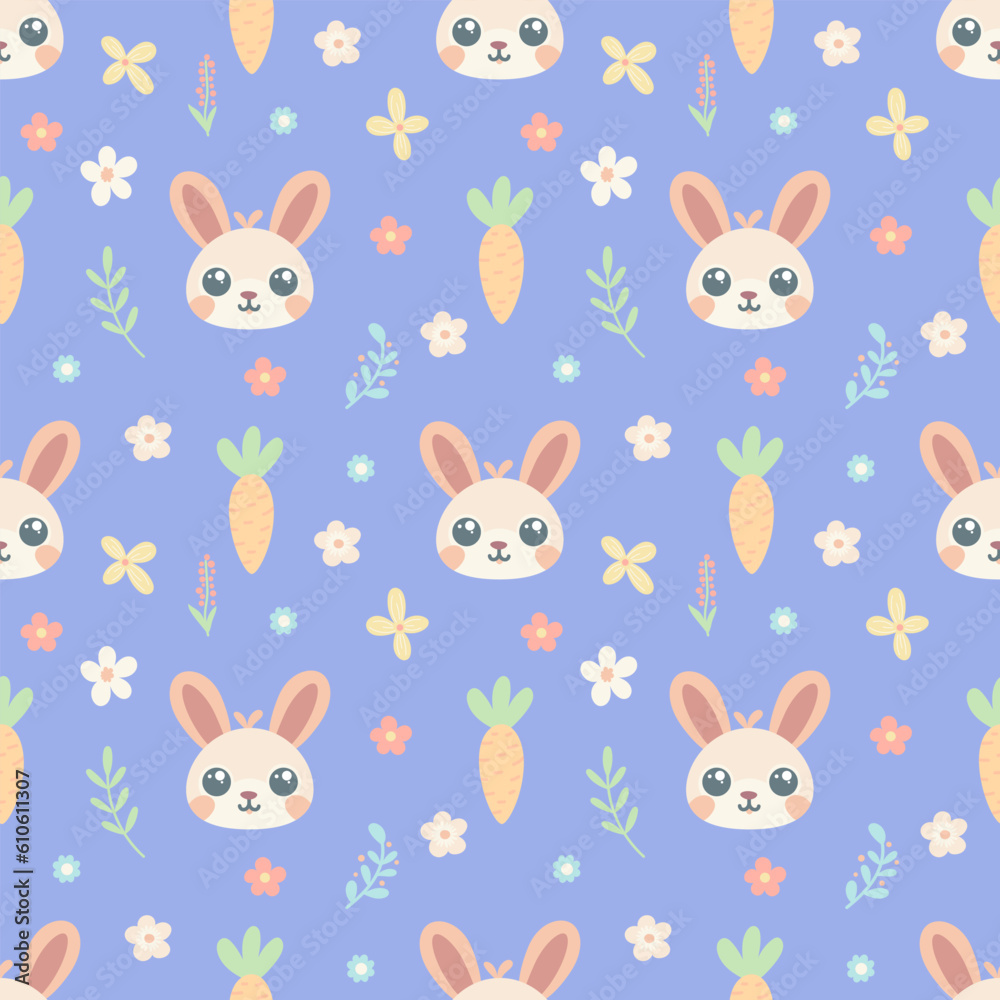cute childish seamless pattern with bunny, carrot and flowers on a blue background cute childish seamless pattern with bunny, carrot and flowers on a blue background