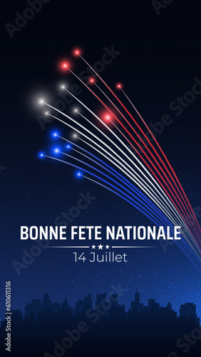 Banner 14 july bastille day in france, template with french colorful fireworks on dark sky background. French national holiday. Fireworks france flag. Vector. Translation: Happy National Day July 14