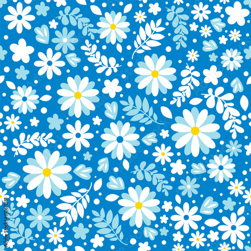 Vector seamless floral pattern in blue tones. Seasonal pattern summer, spring. Ideal for wallpaper, textiles, fabric, fashion design, wrapping paper, bed linen
