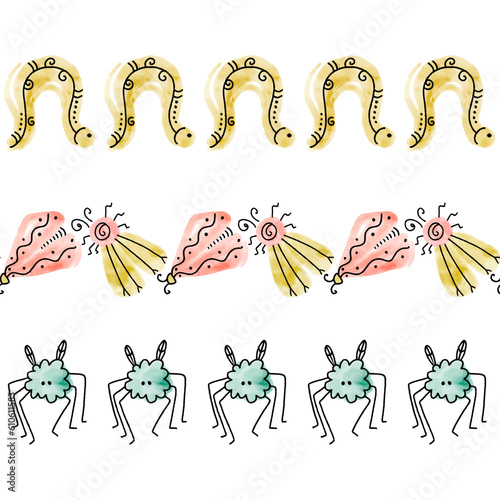 Watercolor Cute Insects Vector Seamless Horizontal Borders Set