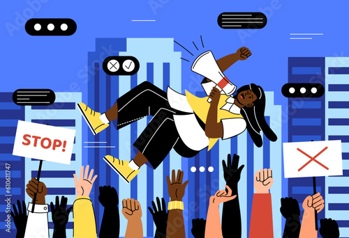 Activists protest on street concept. Men and women with placards, signs and loudspeaker. Freedom of speech, fight for rights. Rally and political action. Cartoon flat vector illustration