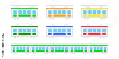 日本の電車、鉄道のかわいいおもちゃ、シンプルアイコンイラストカラー素材
