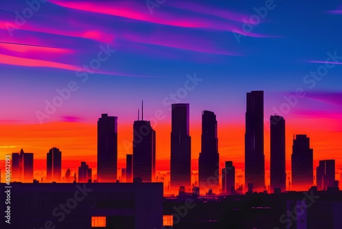 An urban cityscape at sunset can be both majestic and dramatic. Enriched with AI image processing - generative ai