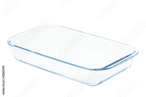 Glass refractory baking tray or dish isolated on white background with clipping path. Full Depth of field. Focus stacking, front view. PNG