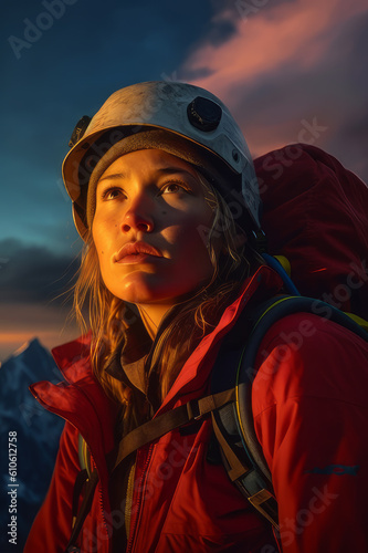 woman rock climber in the mountains. Generative AI © Aliaksei